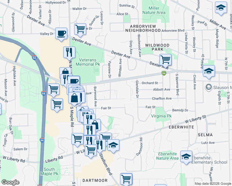 map of restaurants, bars, coffee shops, grocery stores, and more near 2043 Charlton Avenue in Ann Arbor