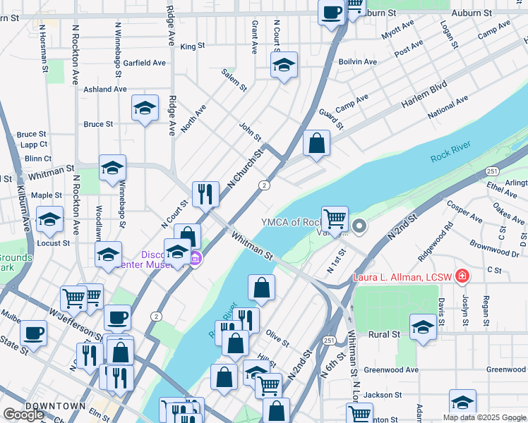 map of restaurants, bars, coffee shops, grocery stores, and more near 949 Indian Terrace in Rockford