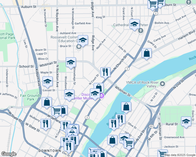 map of restaurants, bars, coffee shops, grocery stores, and more near 829 North Court Street in Rockford