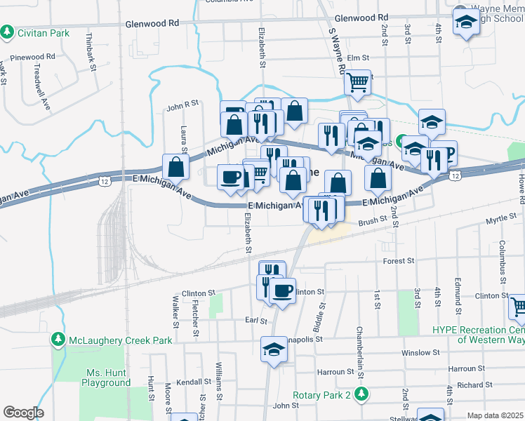 map of restaurants, bars, coffee shops, grocery stores, and more near 35440 Town Square in Wayne