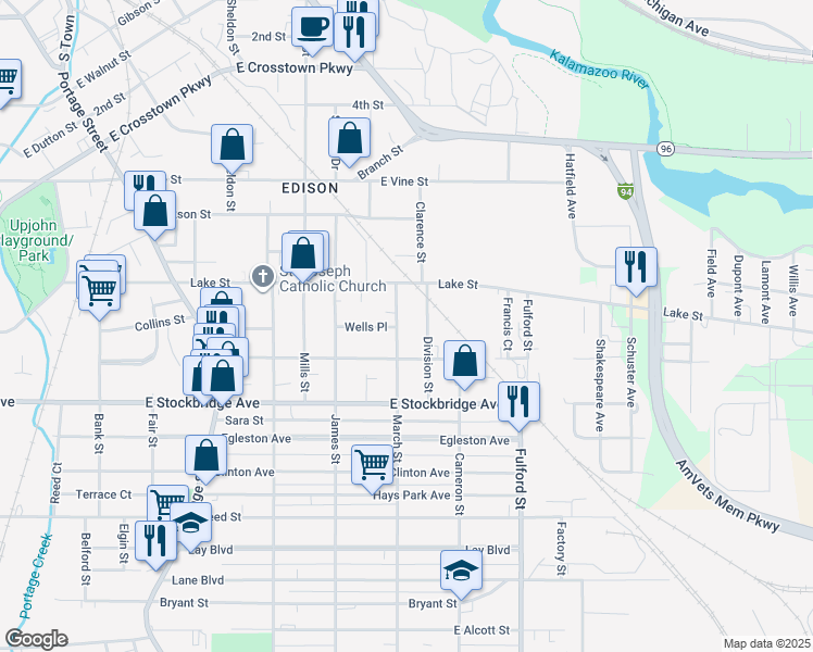 map of restaurants, bars, coffee shops, grocery stores, and more near 1405 Washington Avenue in Kalamazoo
