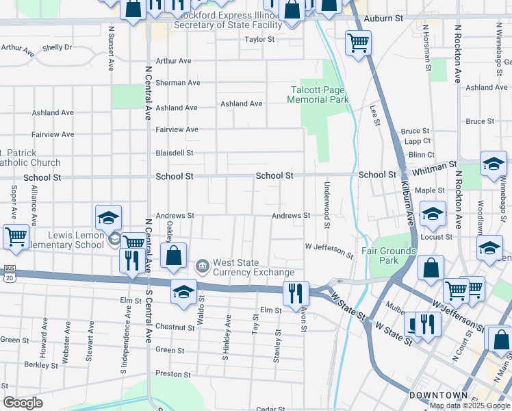 map of restaurants, bars, coffee shops, grocery stores, and more near 1224 Andrews Street in Rockford