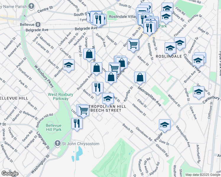 map of restaurants, bars, coffee shops, grocery stores, and more near 179 Cornell Street in Boston