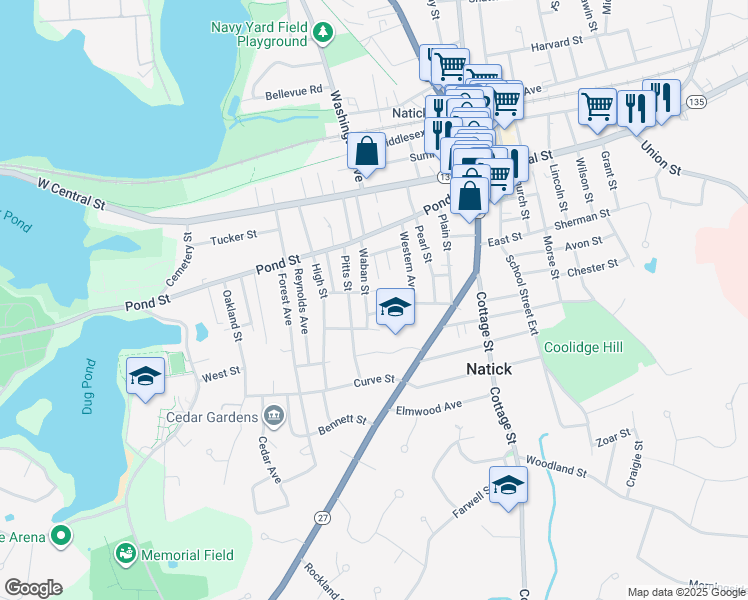 map of restaurants, bars, coffee shops, grocery stores, and more near 27 Wabaw Street in Natick