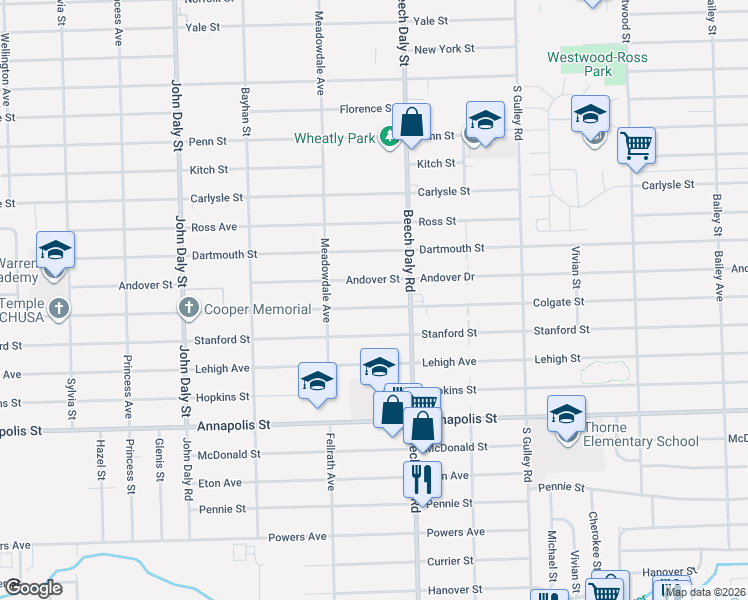 map of restaurants, bars, coffee shops, grocery stores, and more near 25954 Stanford Street in Inkster