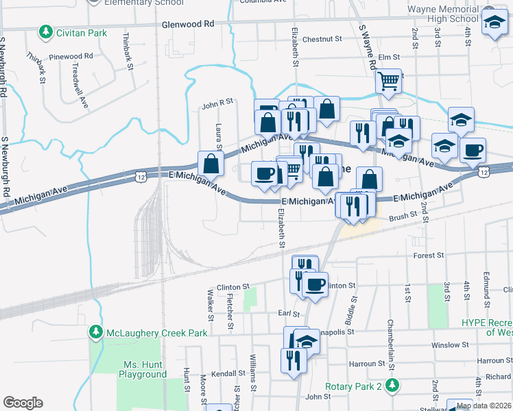 map of restaurants, bars, coffee shops, grocery stores, and more near 35708 Brush Street in Wayne