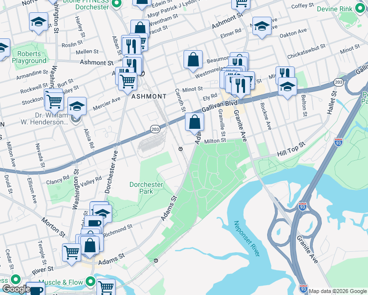 map of restaurants, bars, coffee shops, grocery stores, and more near 949 Adams Street in Boston