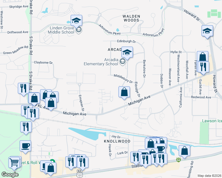 map of restaurants, bars, coffee shops, grocery stores, and more near 1205 Redpine Way in Kalamazoo