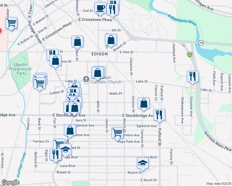 map of restaurants, bars, coffee shops, grocery stores, and more near 1213 Brownell Court in Kalamazoo