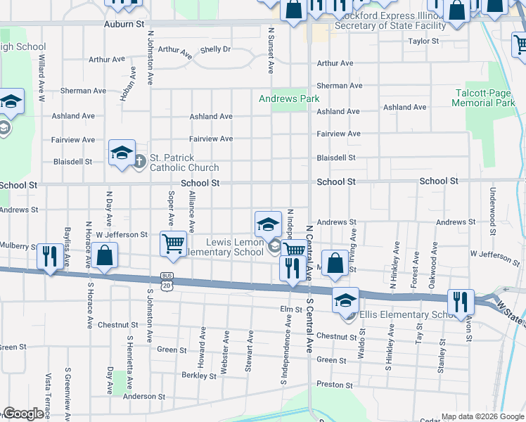 map of restaurants, bars, coffee shops, grocery stores, and more near 307 Albert Avenue in Rockford
