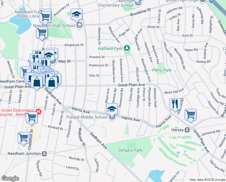 map of restaurants, bars, coffee shops, grocery stores, and more near 79 Woodlawn Avenue in Needham