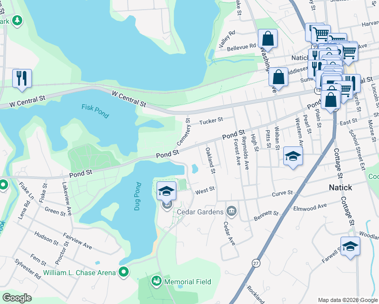 map of restaurants, bars, coffee shops, grocery stores, and more near 110 Pond Street in Natick