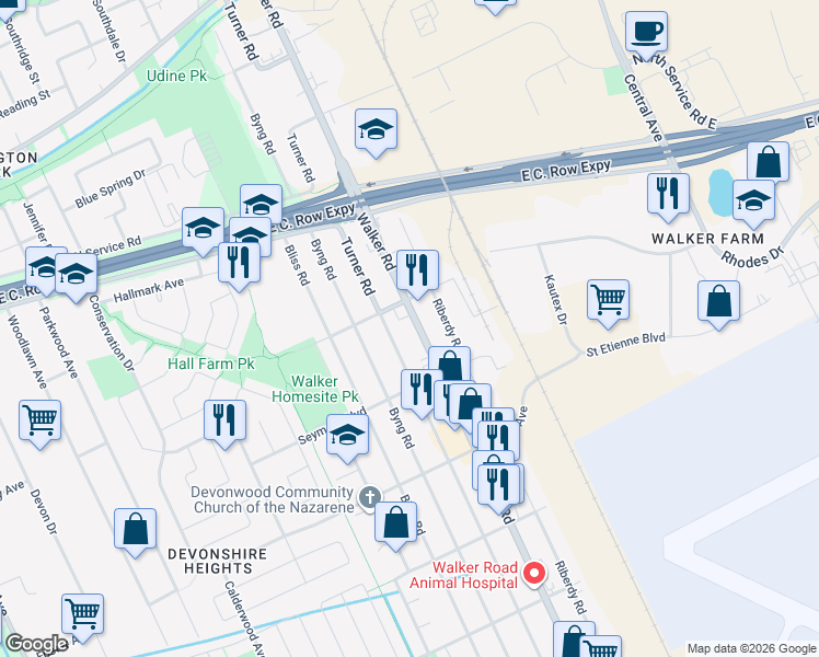 map of restaurants, bars, coffee shops, grocery stores, and more near 3202 Walker Road in Windsor