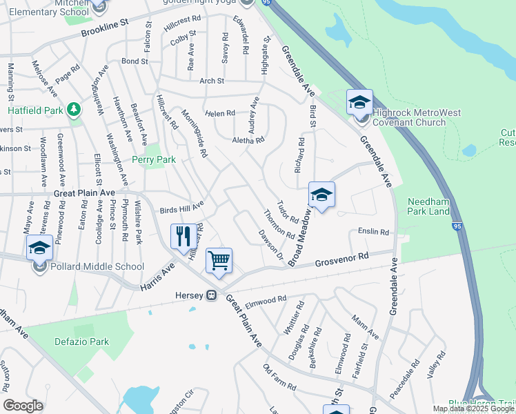map of restaurants, bars, coffee shops, grocery stores, and more near 74 Thornton Road in Needham