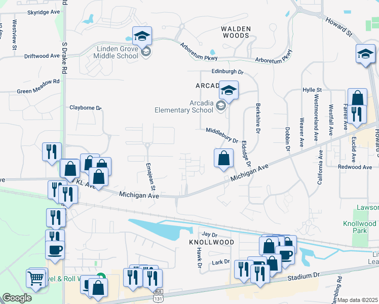 map of restaurants, bars, coffee shops, grocery stores, and more near 1155 Ivy Chase in Kalamazoo