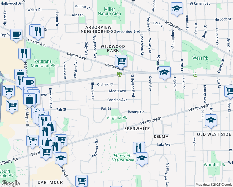 map of restaurants, bars, coffee shops, grocery stores, and more near 215 Virginia Avenue in Ann Arbor