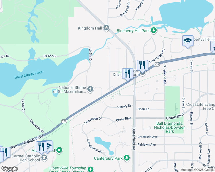 map of restaurants, bars, coffee shops, grocery stores, and more near 147 Woodland Road in Libertyville