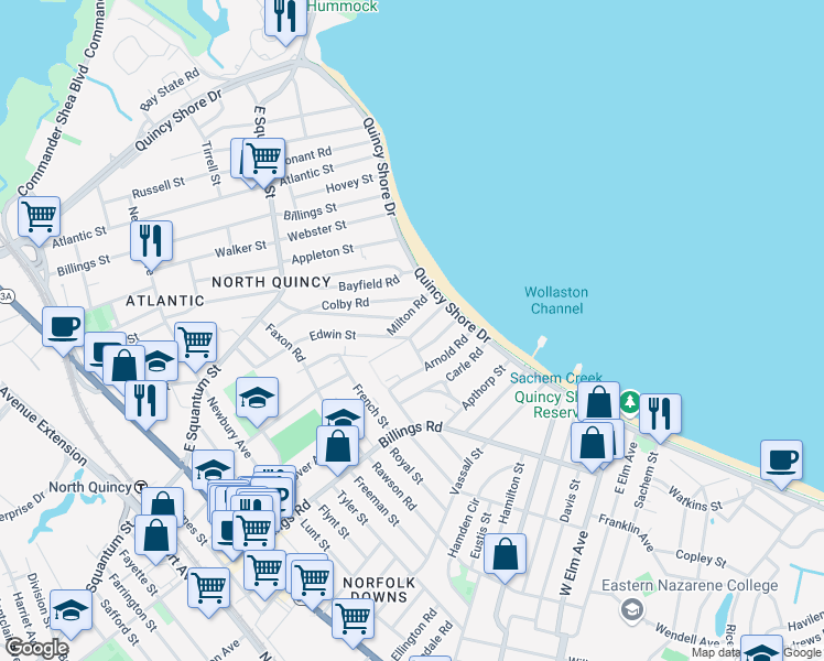 map of restaurants, bars, coffee shops, grocery stores, and more near 34 Milton Road in Quincy