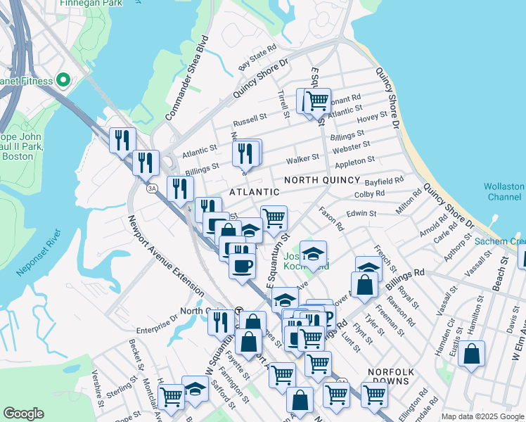 map of restaurants, bars, coffee shops, grocery stores, and more near in Quincy