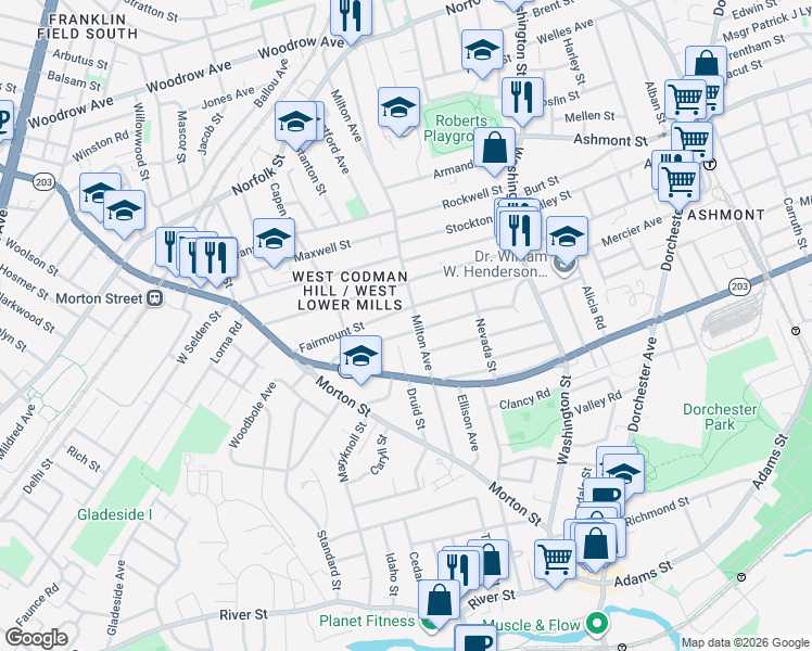 map of restaurants, bars, coffee shops, grocery stores, and more near 115 Fairmount Street in Boston