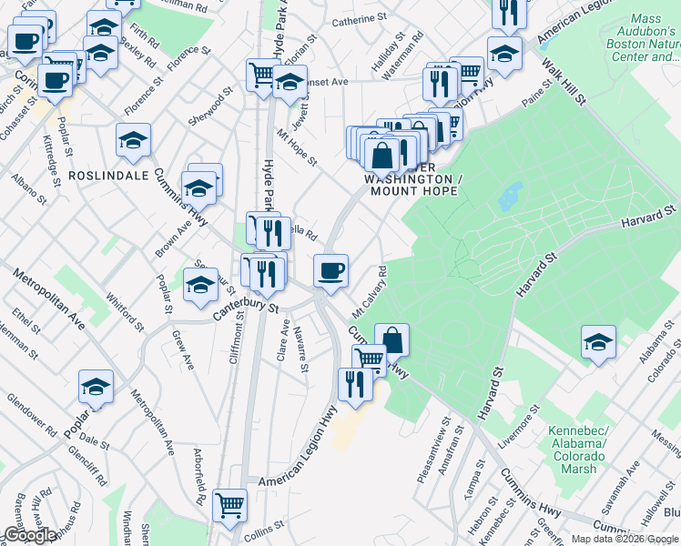 map of restaurants, bars, coffee shops, grocery stores, and more near 869 Canterbury Street in Boston