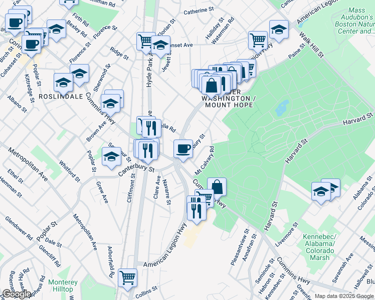map of restaurants, bars, coffee shops, grocery stores, and more near 869 Canterbury Street in Boston