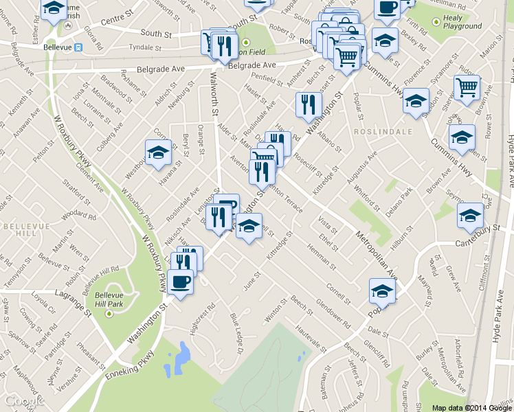 map of restaurants, bars, coffee shops, grocery stores, and more near 4430 Washington Street in Boston