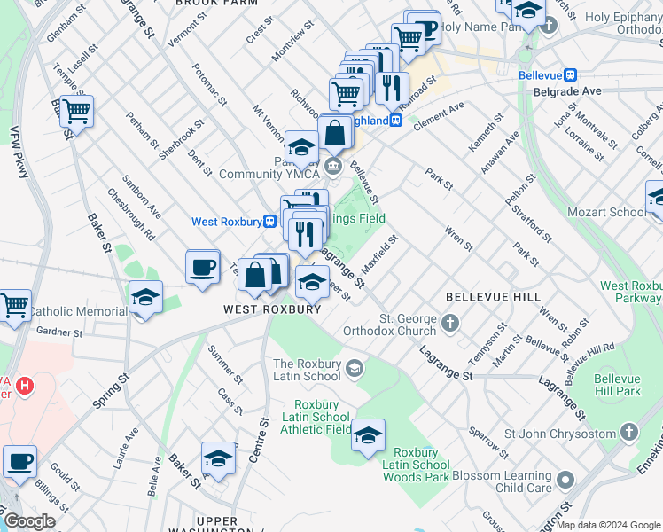 map of restaurants, bars, coffee shops, grocery stores, and more near 369 Lagrange Street in Boston