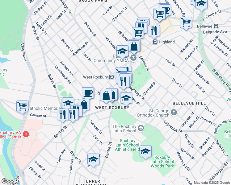 map of restaurants, bars, coffee shops, grocery stores, and more near 35 Elgin Street in Boston