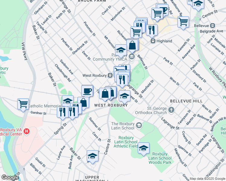 map of restaurants, bars, coffee shops, grocery stores, and more near 35 Elgin Street in Boston