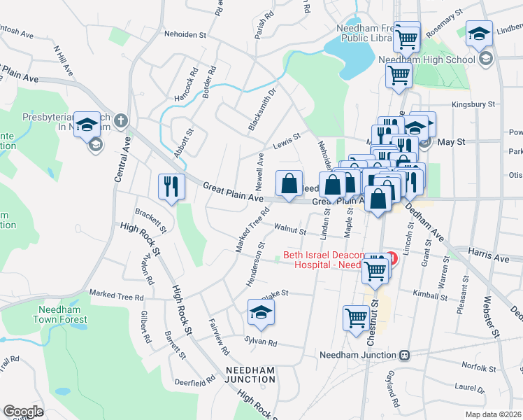 map of restaurants, bars, coffee shops, grocery stores, and more near 1227 Great Plain Avenue in Needham