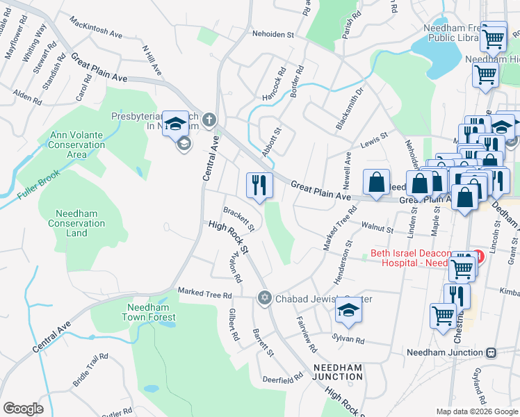 map of restaurants, bars, coffee shops, grocery stores, and more near in Needham
