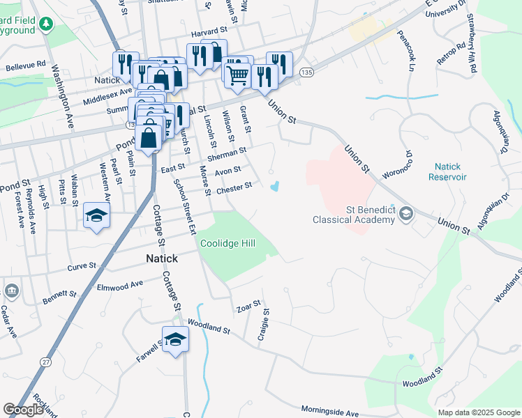 map of restaurants, bars, coffee shops, grocery stores, and more near 22 Sheridan Street in Natick