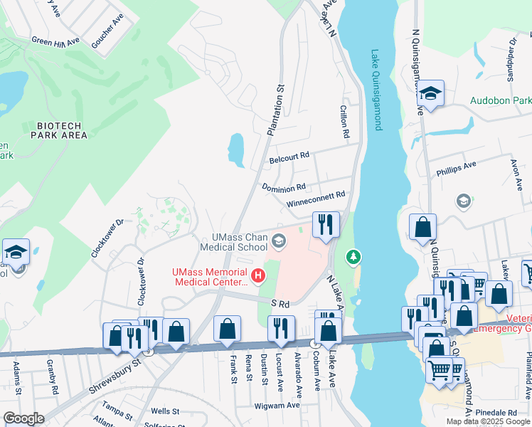 map of restaurants, bars, coffee shops, grocery stores, and more near 6 Mohican Road in Worcester