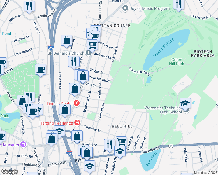 map of restaurants, bars, coffee shops, grocery stores, and more near 98 Green Hill Parkway in Worcester