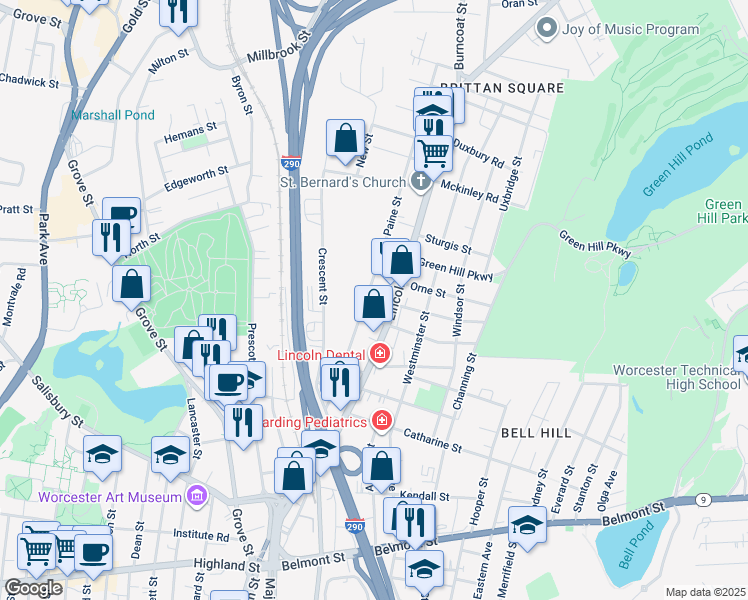 map of restaurants, bars, coffee shops, grocery stores, and more near 43 Paine Street in Worcester