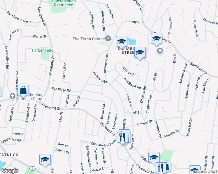 map of restaurants, bars, coffee shops, grocery stores, and more near 118 Richmond Avenue in Worcester