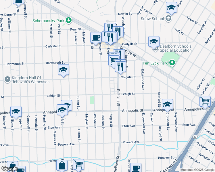 map of restaurants, bars, coffee shops, grocery stores, and more near 4101 Jackson Street in Dearborn Heights