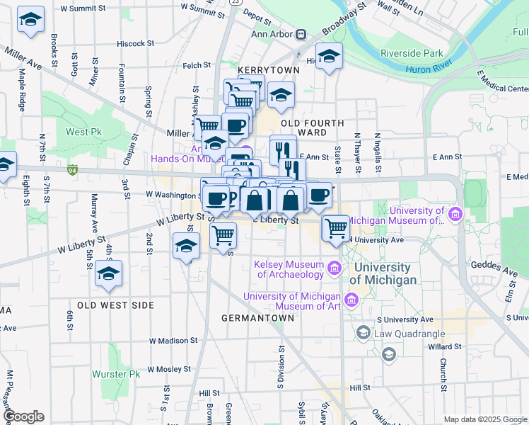 map of restaurants, bars, coffee shops, grocery stores, and more near 324 East Huron Street in Ann Arbor