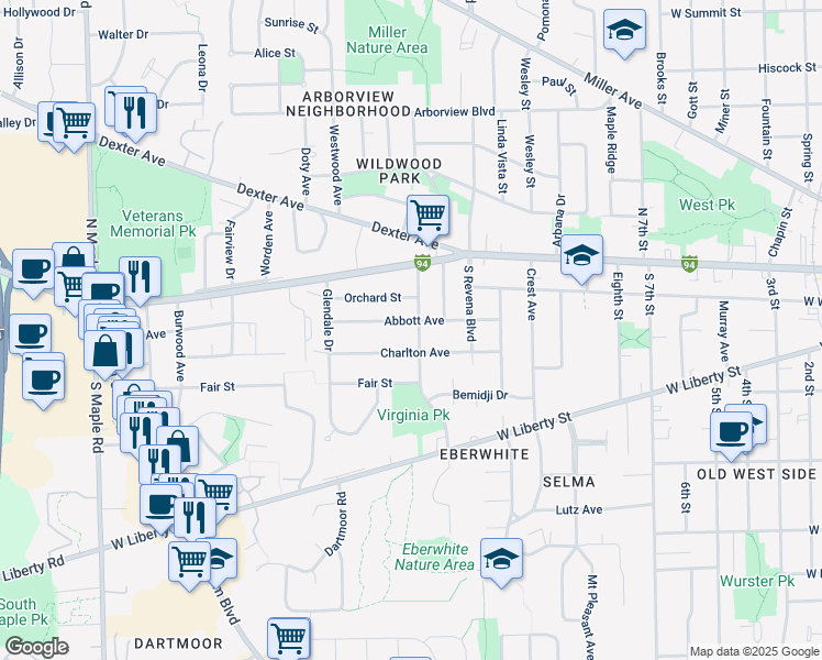 map of restaurants, bars, coffee shops, grocery stores, and more near 215 Virginia Avenue in Ann Arbor