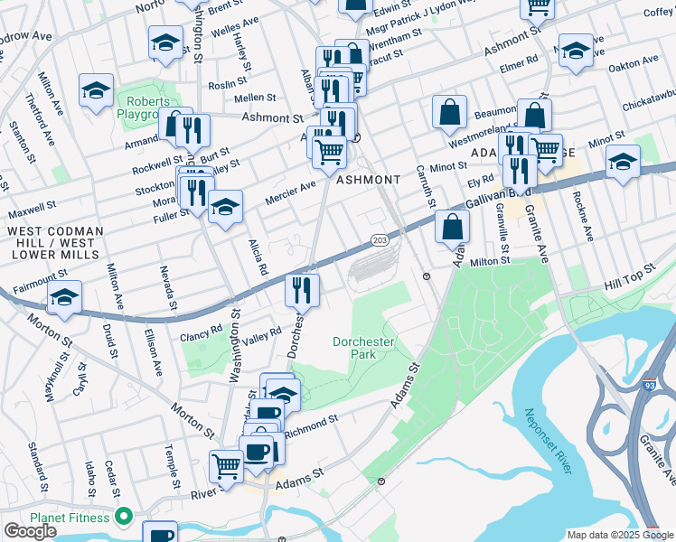 map of restaurants, bars, coffee shops, grocery stores, and more near 341-345 Gallivan Boulevard in Boston