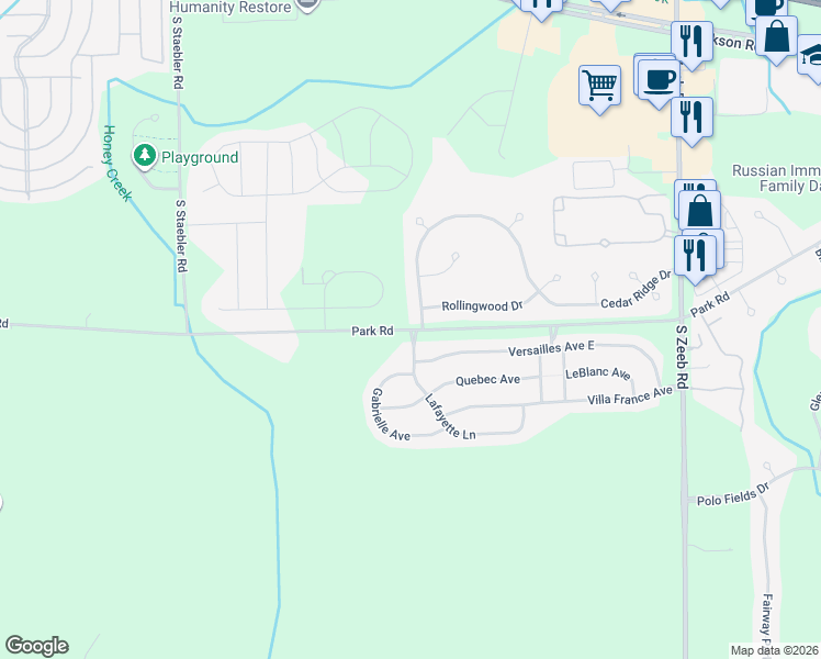 map of restaurants, bars, coffee shops, grocery stores, and more near 6058 Park Road in Ann Arbor