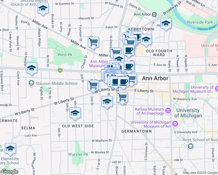 map of restaurants, bars, coffee shops, grocery stores, and more near 210 South Ashley Street in Ann Arbor