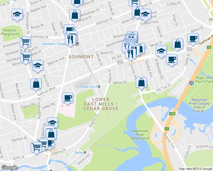 map of restaurants, bars, coffee shops, grocery stores, and more near 921-923 Adams Street in Boston