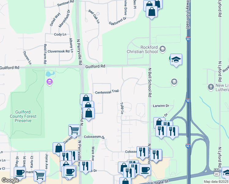 map of restaurants, bars, coffee shops, grocery stores, and more near 1195 Weathered Oak Lane in Rockford