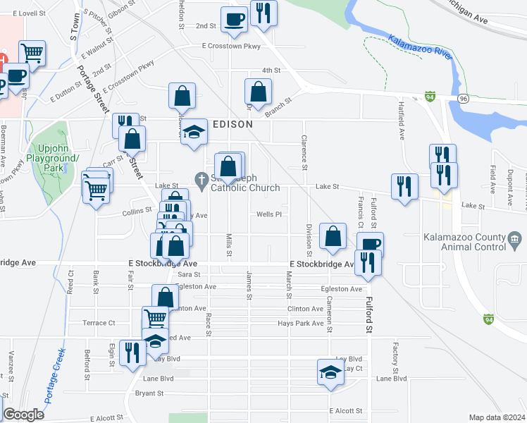 map of restaurants, bars, coffee shops, grocery stores, and more near 1221 Wells Place in Kalamazoo