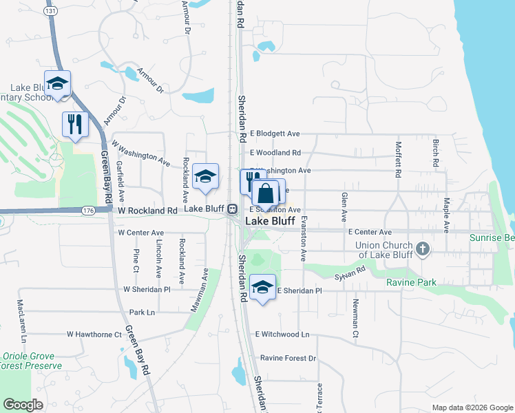 map of restaurants, bars, coffee shops, grocery stores, and more near 33 East North Avenue in Lake Bluff