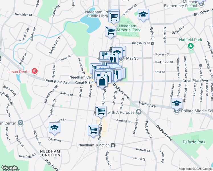 map of restaurants, bars, coffee shops, grocery stores, and more near 500 Dedham Avenue in Needham