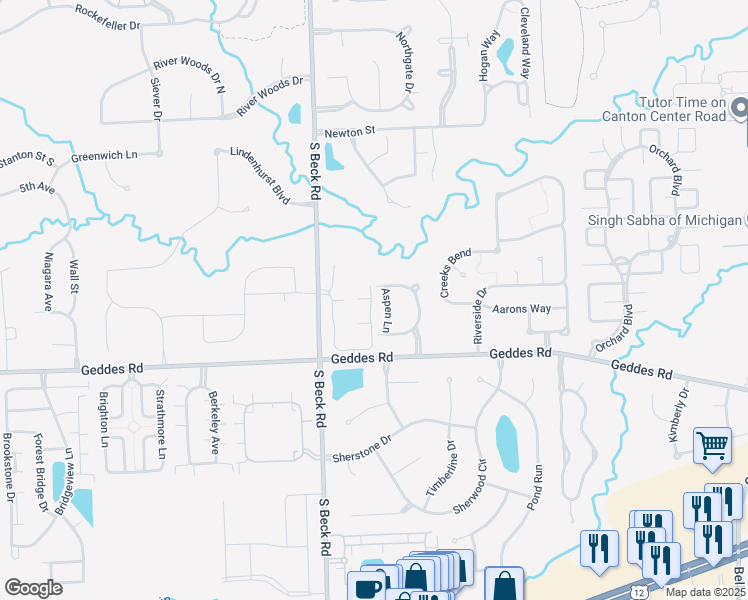 map of restaurants, bars, coffee shops, grocery stores, and more near 47091 Hidden River Circle in Canton