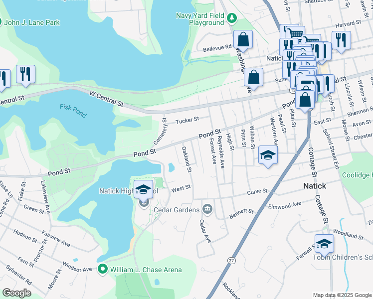 map of restaurants, bars, coffee shops, grocery stores, and more near 8 Oakland Street in Natick